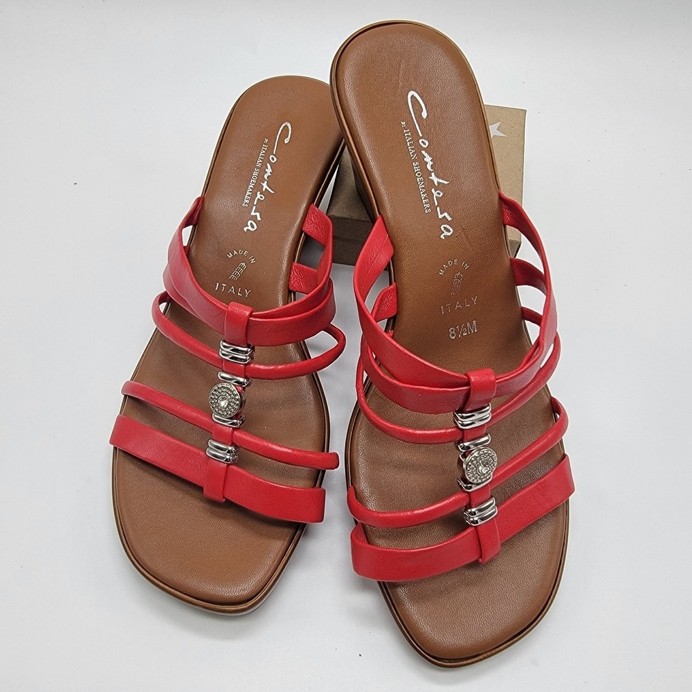 Contessa Nani Women's 8.5M Red Silver Beading Slip On Wedge Sandals Heels